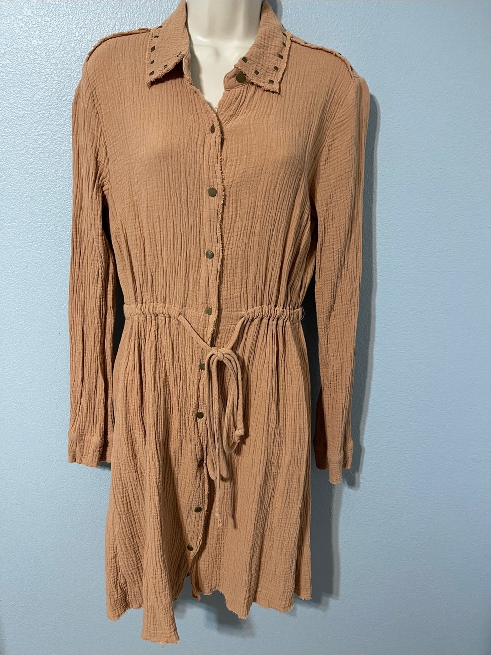 Hem & Thread Gauze Shirt Dress Tan Studded Western Drawstring Cotton Medium